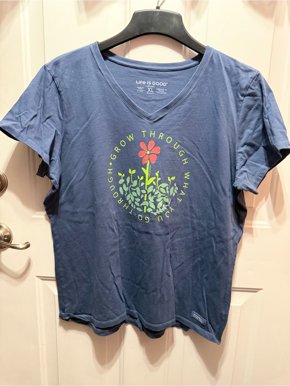 Life Is Good Navy Blue Short Sleeve Tee with Green and Red Floral Graphic XL